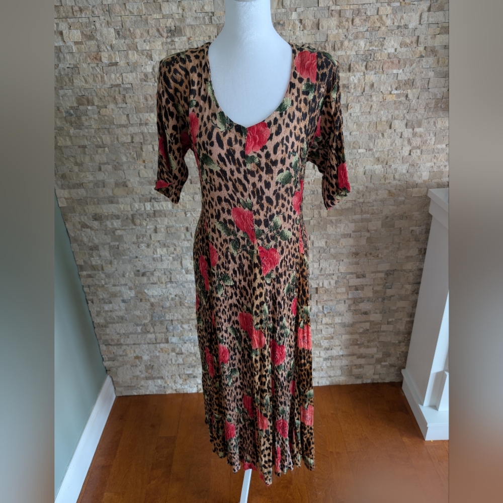 Vintage 90s Leopard and Rose Print Crinkle Rayon Midi Dress 70s Inspired Sz S